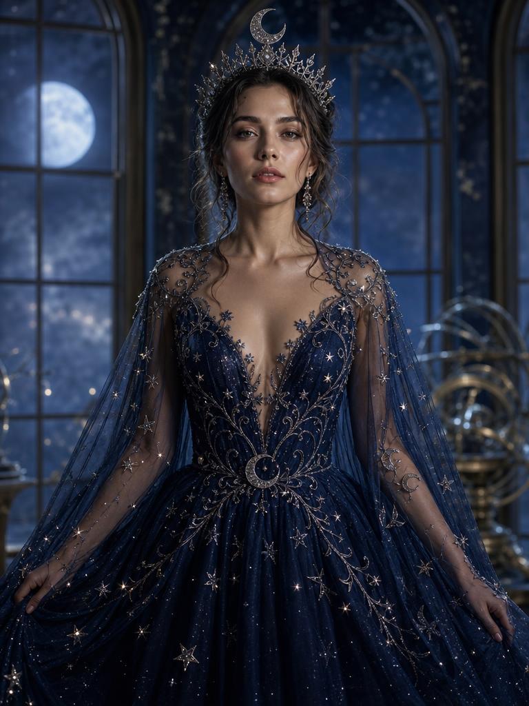 Cosmic Princess Halloween portrait with a midnight-blue gown and silver moon crown