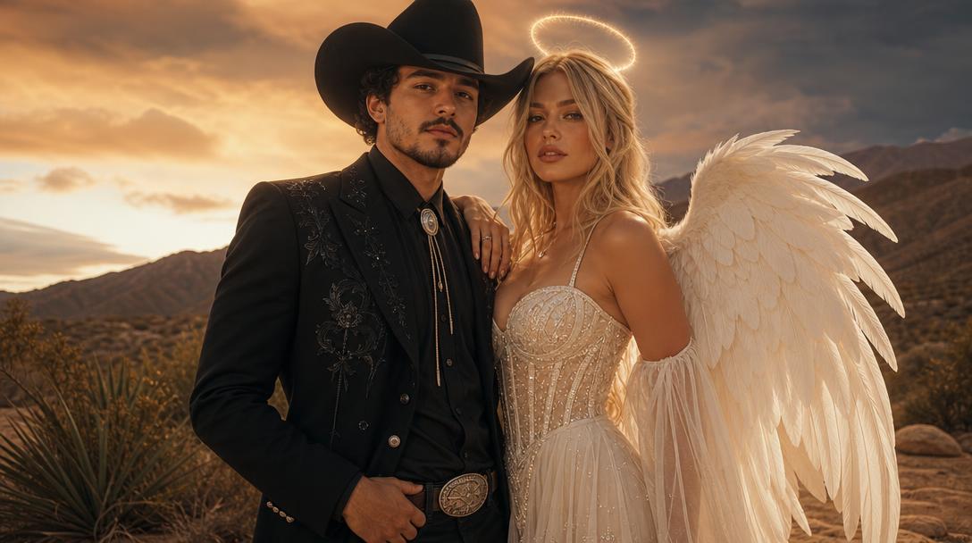 Coordinated cowboy and angel-inspired Halloween couple portrait