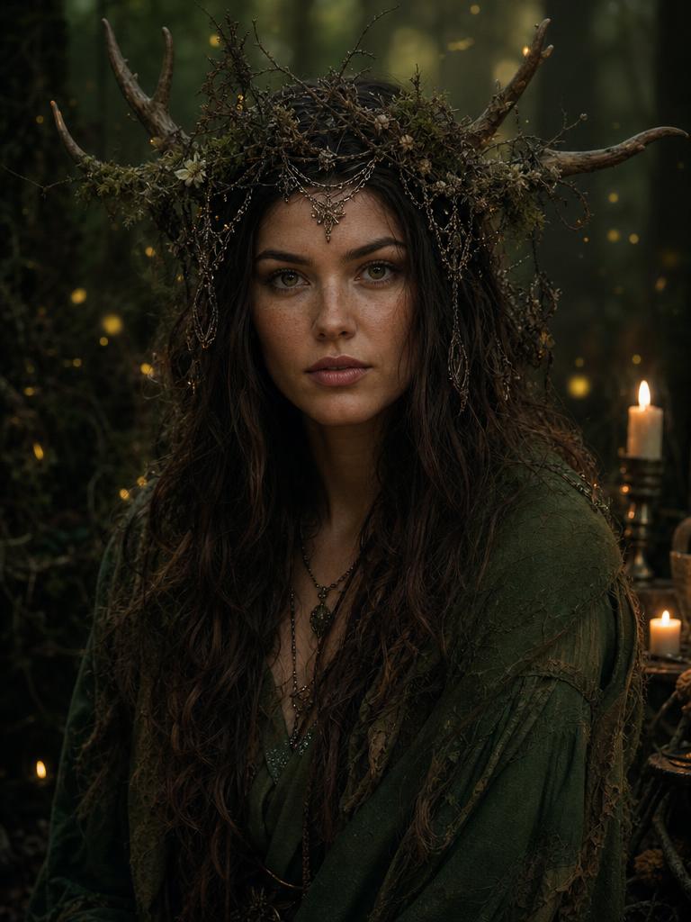 Forest Witch Halloween portrait with a moss-green cloak and antler crown