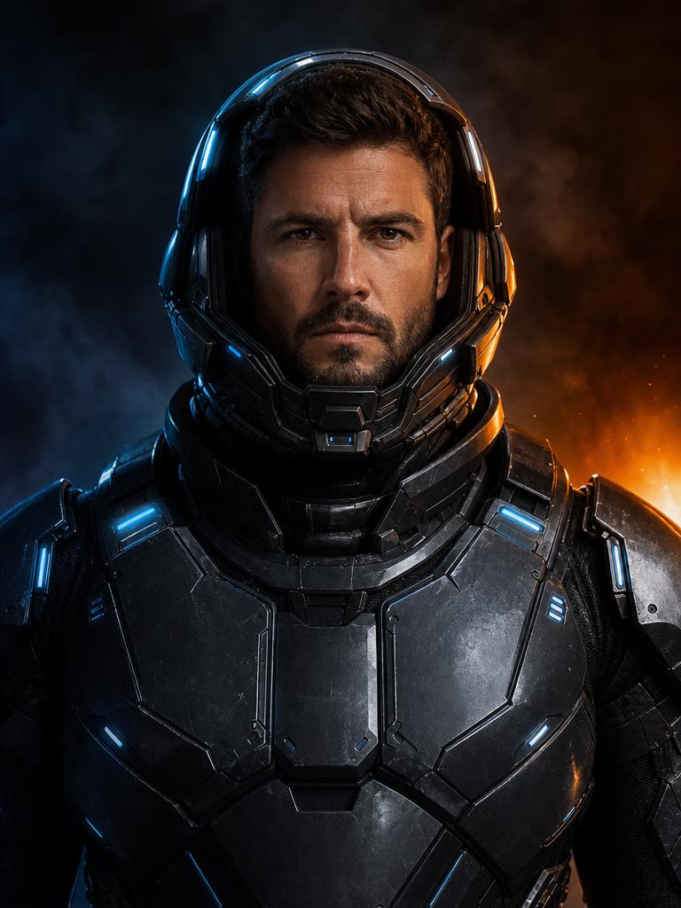 Galactic Hero Halloween portrait with wearable metallic armor and blue LED accents