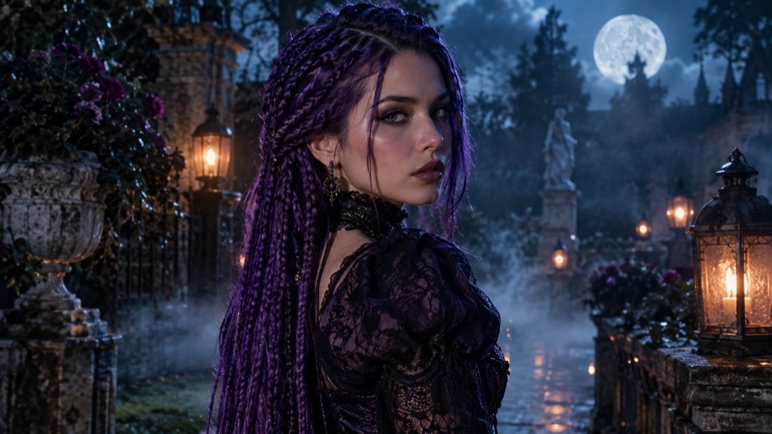 Cinematic Halloween portrait still with fog and violet braids