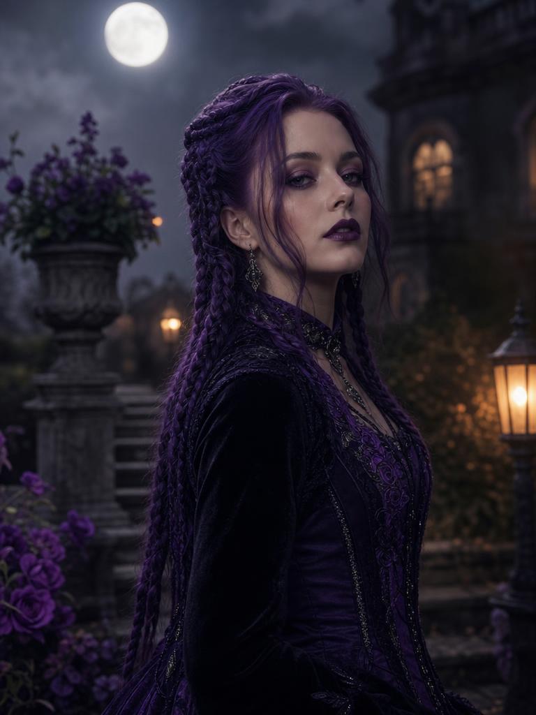 Midnight Braids Halloween portrait with long violet braids in a moonlit garden