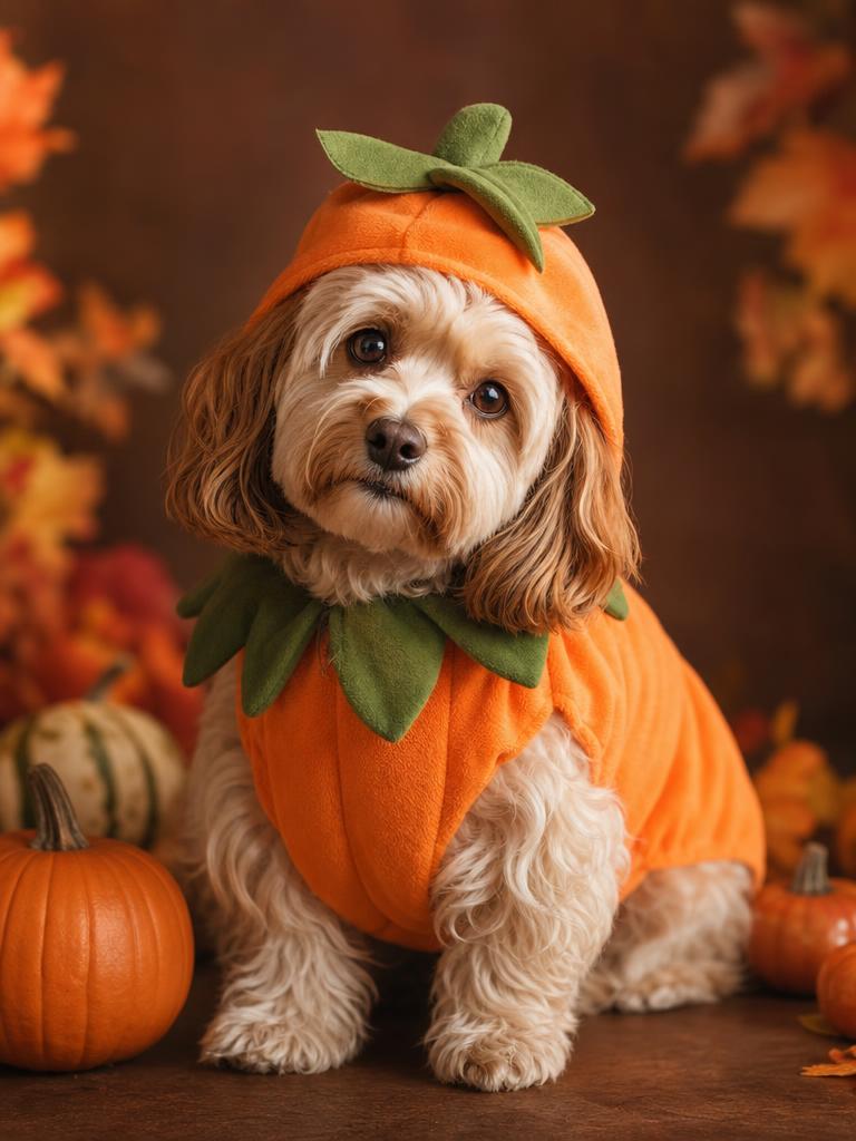 Small dog in a soft pumpkin Halloween costume in a warm autumn studio